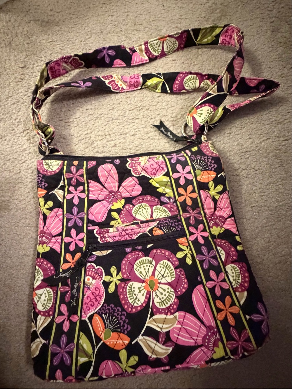 Vera Bradley Black Crossbody with Pink & Green Floral Print